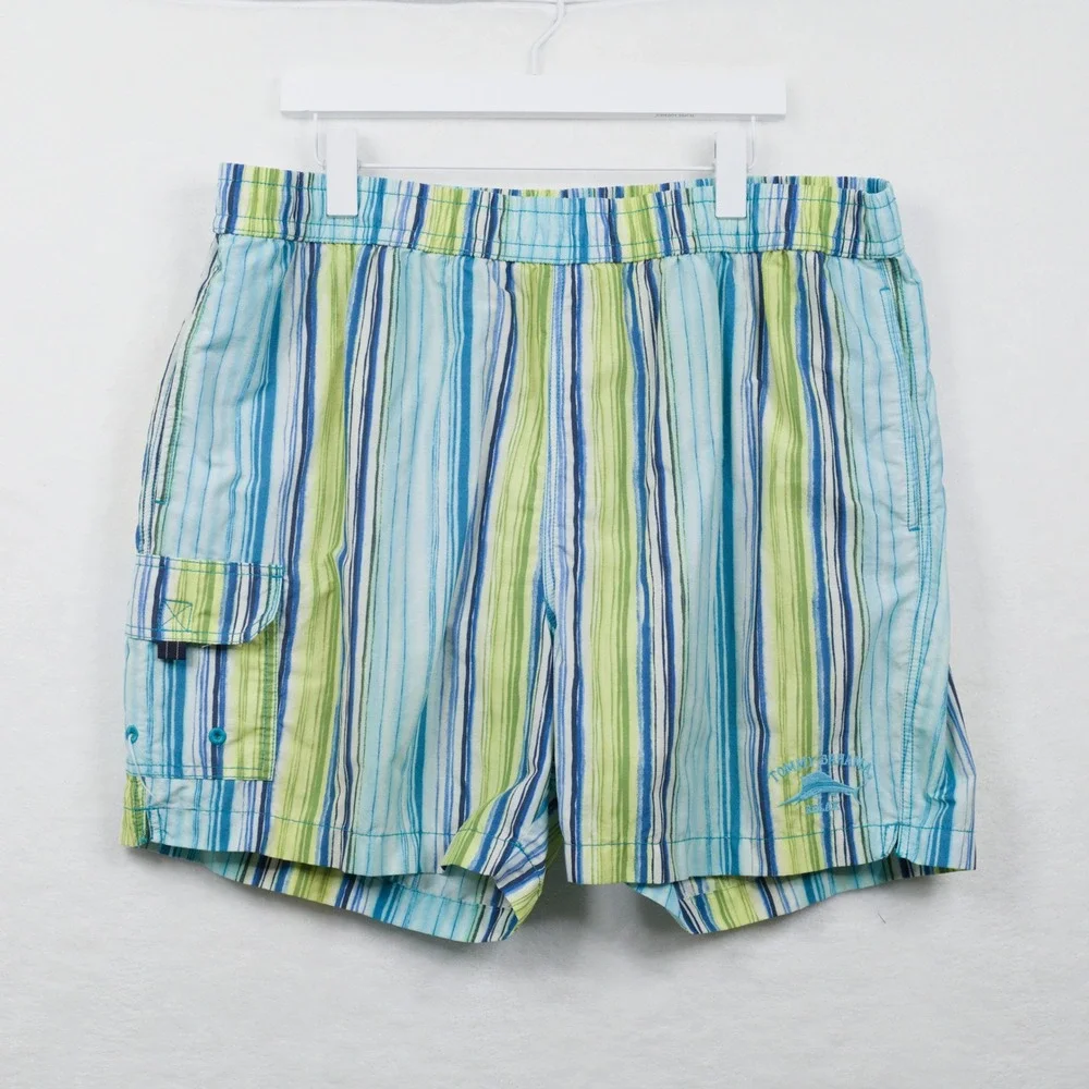 TOMMY BAHAMA Striped Mesh Lined Swim Trunks Cargo Pocket Blue‎ Green Sz XL